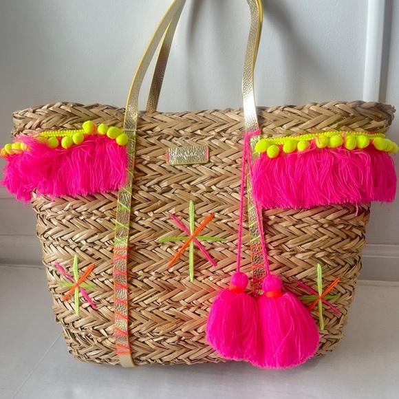 Lilly Pulitzer Straw Baja Tassel Pompom Colorful Tote Beach Pool Vacation - Picture 6 of 9